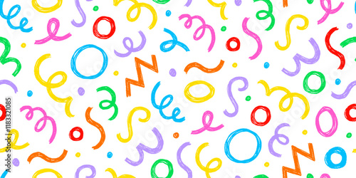 Kid seamless pattern child fun shape squiggle confetti background. Hand drawn color crayon background fun child squiggle shape. Crayon color confetti abstract seamless pattern vector illustration
