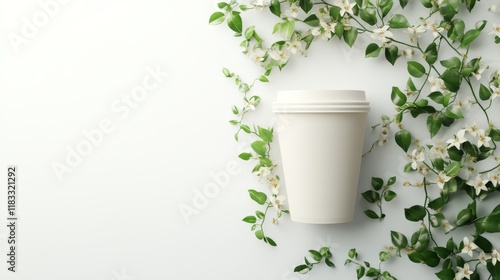 Wallpaper Mural White Coffee Cup Surrounded by Green Leaves and Delicate Flowers Torontodigital.ca
