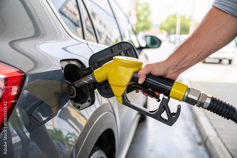 Person refueling a car at a gas station Person refueling a car at a gas station