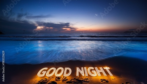 砂浜に書かれたおやすみを意味する英語のフレーズgood nightの言葉。背景は青い夜の空と海の風景。aiで生成	