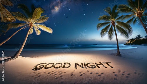 砂浜に書かれたgood nightの英語の言葉。背景は青い夜の空と海の風景。aiで生成	