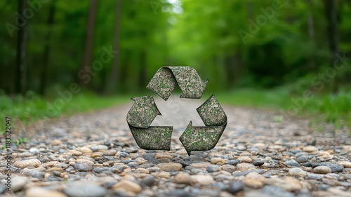 Wallpaper Mural Minimalist recycling symbol composed of small pebbles on a natural forest path, symbol of simplicity and sustainability, bright forest background, 3D render Torontodigital.ca
