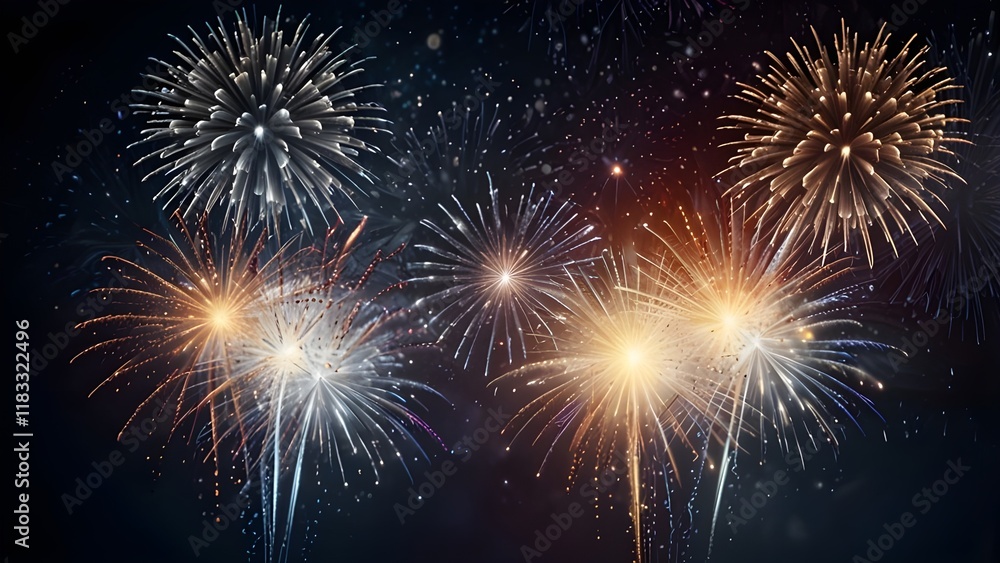 Naklejka premium Festive background with fireworks and lights in silver colors. Generative AI