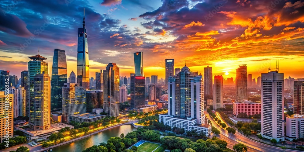 Obraz premium Panoramic Cityscape Banner with Ample Copy Space for Text and Logos - Modern Architecture Background