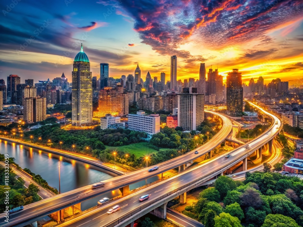 Fototapeta premium Panoramic Cityscape: Urban Development & Infrastructure Facts