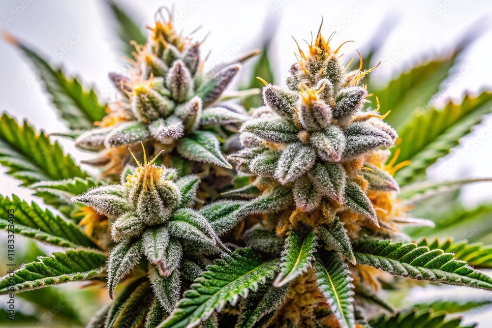 Panoramic Close-up of Cannabis Buds with Trichomes on White Background Panoramic Close-up of Cannabis Buds with Trichomes on White Background
