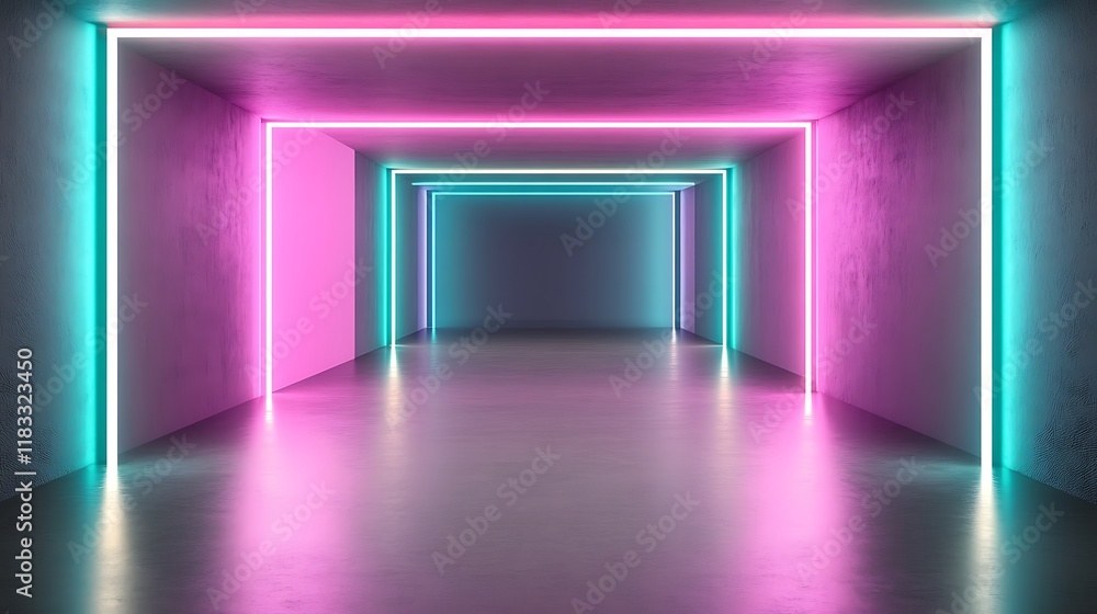 Neon Lights Illuminate Modern Abstract Corridor Neon Lights Illuminate Modern Abstract Corridor