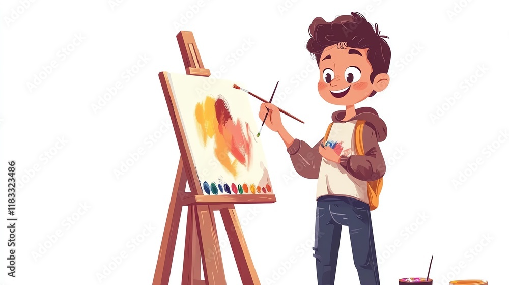 a 2D cartoon illustration of a student in an art class painting a picture, creative and fun, white background--ar 16:9 a 2D cartoon illustration of a student in an art class painting a picture, creative and fun, white background--ar 16:9