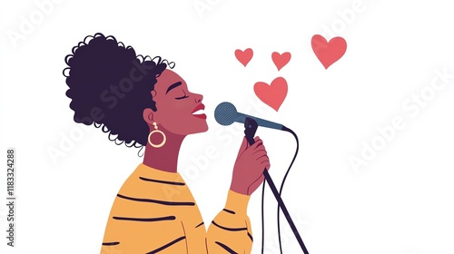 a 2D cartoon illustration of a person singing karaoke with a microphone, fun and entertaining, white background--ar 16:9