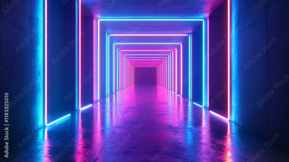 Neon lights illuminate a reflective corridor. Neon lights illuminate a reflective corridor.