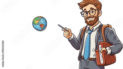 a 2D cartoon illustration of a teacher holding a chalk and teaching at a blackboard, focused and friendly, white background--ar 16:9 photo