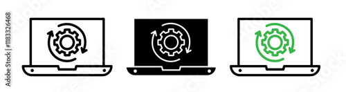 Data processing icons set in black filled and line stroke style on white background