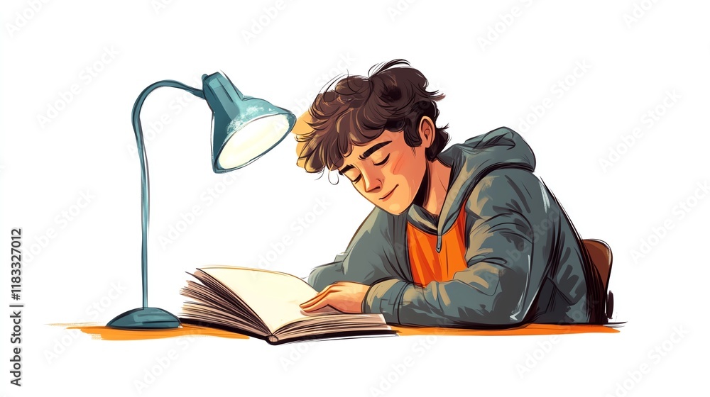 a 2D cartoon illustration of a student reading a book under a lamp, night study, white background--ar 16:9