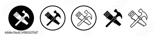 Hand saw and hammer icons set in black filled and line stroke style on white background