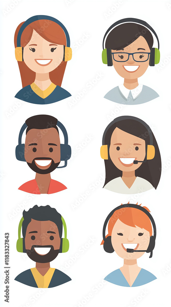 Flat vector avatars of a diverse customer support team smiling cheerfully with headphones and microphones. Flat vector avatars of a diverse customer support team smiling cheerfully with headphones and microphones.