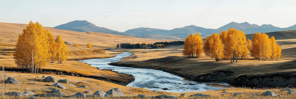 Naklejka premium Autumnal River Valley Scenic Landscape with Golden Aspens