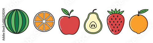 Set of Fruits Vector, Orange, Apple, Avocado, watermelon, and Strawberry