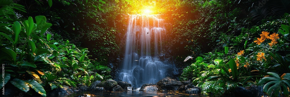 Fototapeta premium Serene Waterfall Cascading Through Lush Tropical Foliage