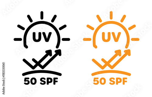 UV SPF 50 protect icons set in black filled and line stroke style on white background