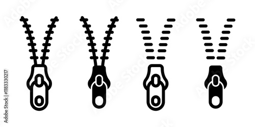 Zipper tool icons set in black filled and line stroke style on white background