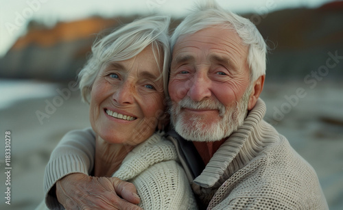 Smiling Senior Couple on the Beach, Close-Up Portrait, Provia Film Style, Happy Family Vibe photo