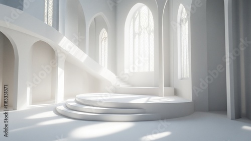 Circular podium in a bright, white, minimalist church interior with arched windows and stairs.