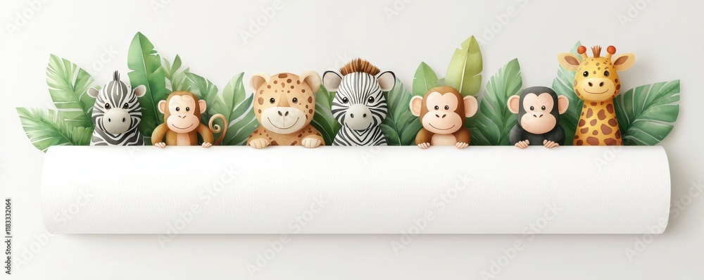 Fototapeta premium A whimsical collection of cute animal figurines, including a zebra, lion, monkey, and giraffe, sitting among leafy decor on a shelf.