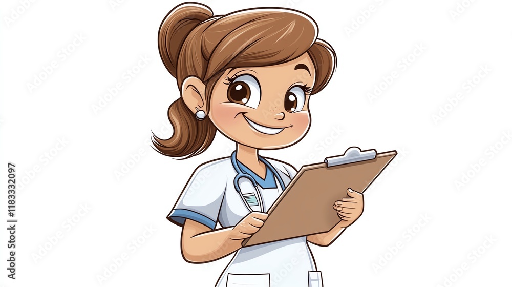 a 2D cartoon illustration of a happy nurse holding a clipboard, supportive and friendly, white background--ar 16:9 a 2D cartoon illustration of a happy nurse holding a clipboard, supportive and friendly, white background--ar 16:9