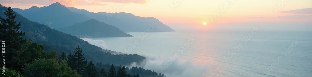 Fototapeta premium A misty morning with fog rolling in over the mountain near the bay, scenery, mist