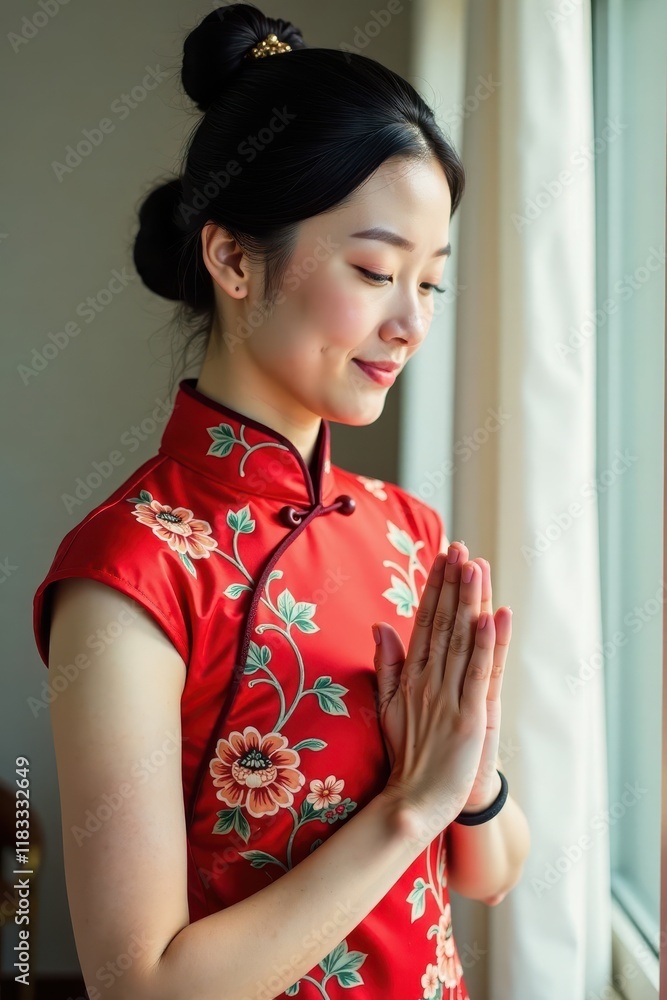 Elegant cheongsam, hands clasped in prayer, serene blessing pose , blessing, festive, luck Elegant cheongsam, hands clasped in prayer, serene blessing pose , blessing, festive, luck