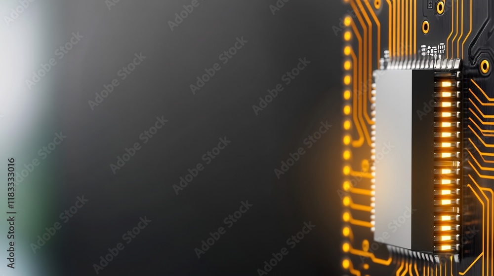 Obraz premium Close-up Photo: Glowing Circuit Board Microchip, High-Detail 3D Render. AI Generated