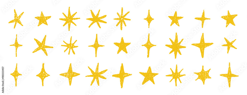 gold chalk crayon doodle stars set. Shine and sparkle hand drawn drawing collection. Children style yellow wax pencil elements. Grunge texture star shapes.