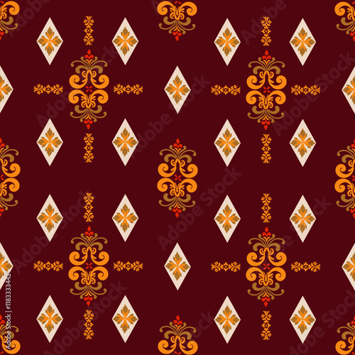 Ikat seamless floral pattern on brown tonevintage style  , Motif ethnic  floral seamless textil,  embroidery, print striped ornament floral, pattern, design for wrapping, silk, scarf, background, text