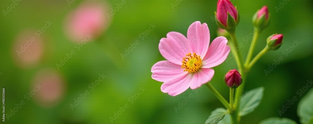 delicate pink flowers bloom on a yellow stem with green foliage and tightly closed bud, color, yellow, buds delicate pink flowers bloom on a yellow stem with green foliage and tightly closed bud, color, yellow, buds