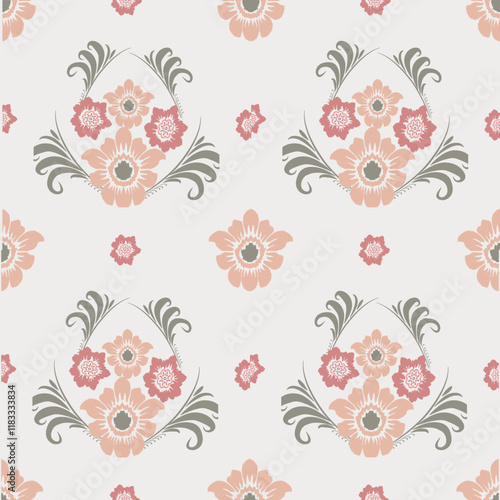 flower seamless pattern on pink tone , Motif ethnic  floral textil,  embroidery, print striped ornament floral, pattern, design for wrapping, silk, scarf, background,textile.