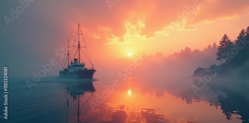 Gentle morning glow reveals distant ship amidst swirling foggy veil , ship, sea, mist photo