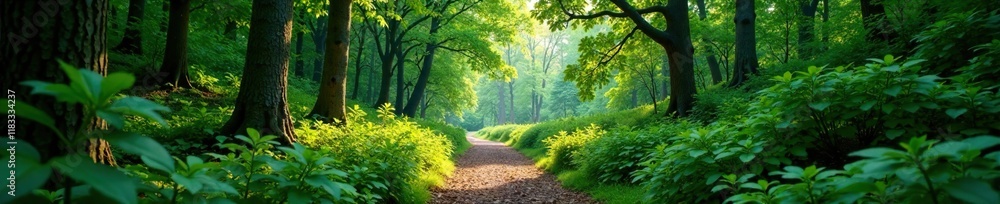 Obraz premium Dense foliage surrounds a winding forest path, forest, scenery, branches