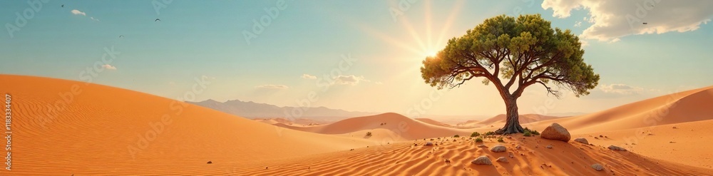 Desert landscape with a solitary tree sending out distress signals, alarm, sand, tree Desert landscape with a solitary tree sending out distress signals, alarm, sand, tree