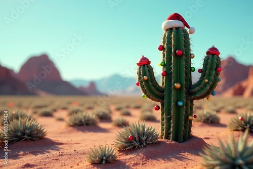 Desert Christmas cactus adorned with ornaments, Ornaments, desert landscape photo