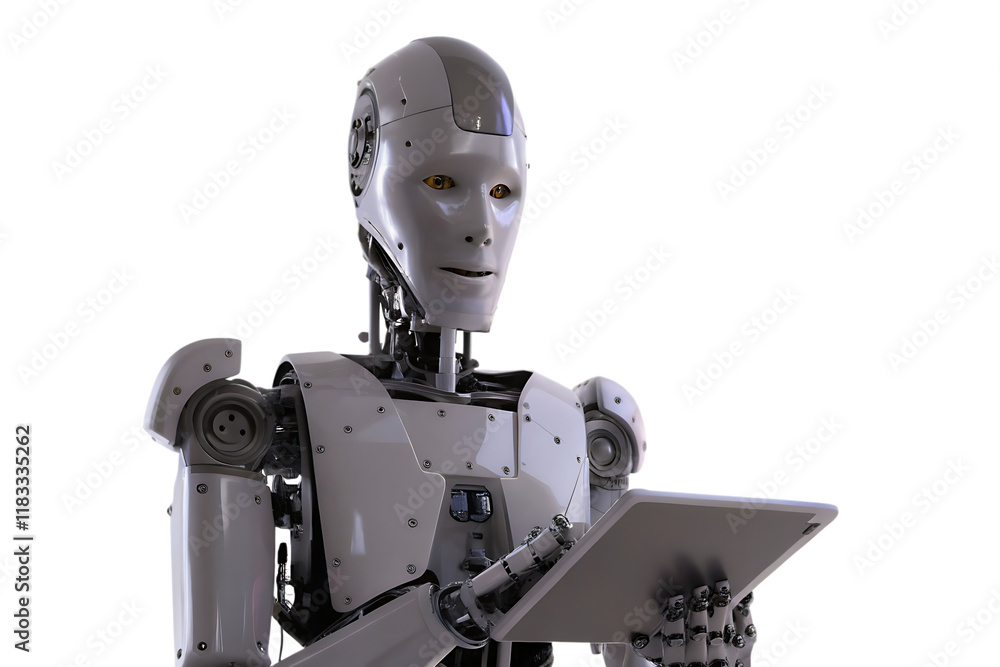 the robot is holding a tablet isolated on white background PNG.AI GENERATED the robot is holding a tablet isolated on white background PNG.AI GENERATED