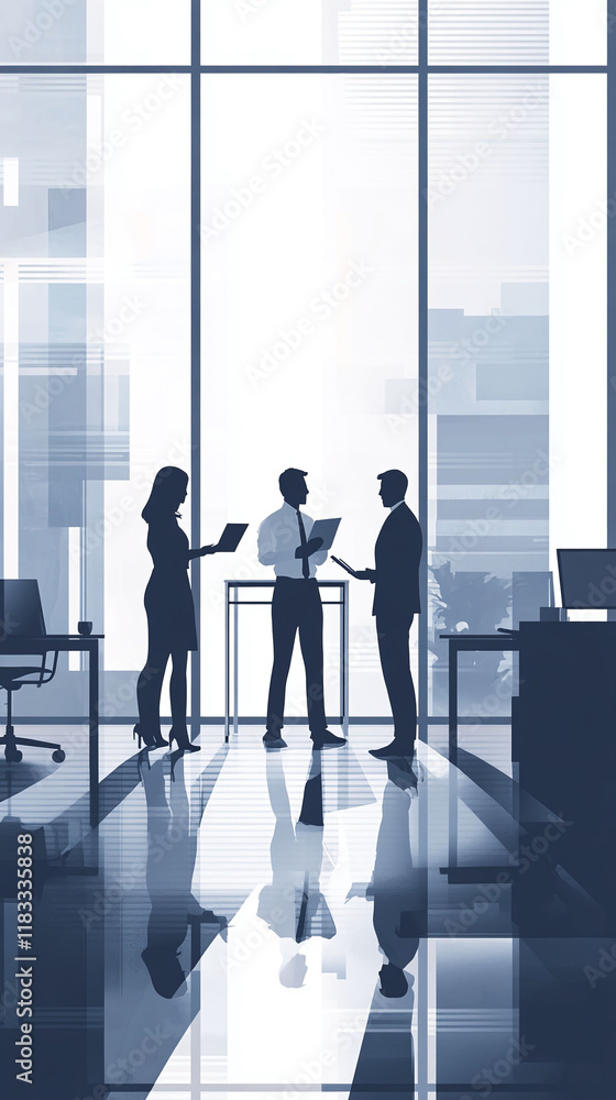 Silhouettes of colleagues brainstorming in a corporate environment filled with sound graphics. Silhouettes of colleagues brainstorming in a corporate environment filled with sound graphics.