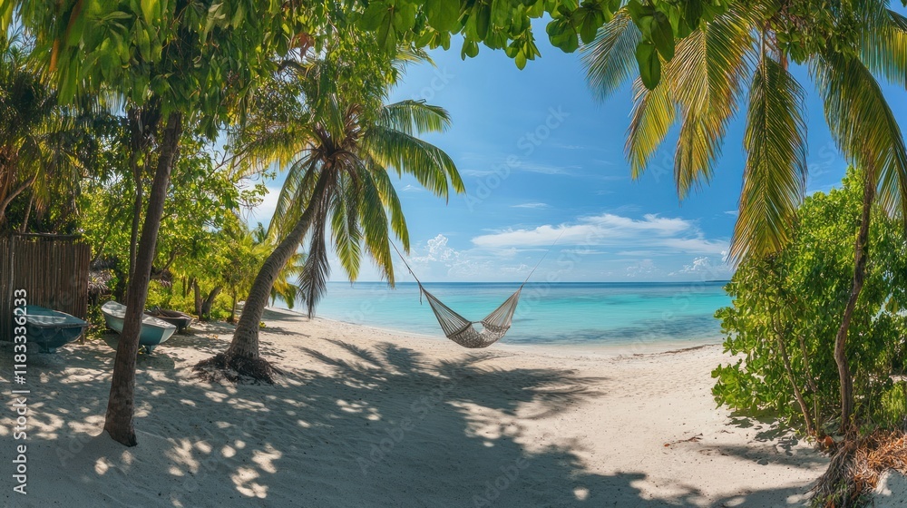 Obraz premium Tropical beach hammock relaxation, paradise island, vacation getaway