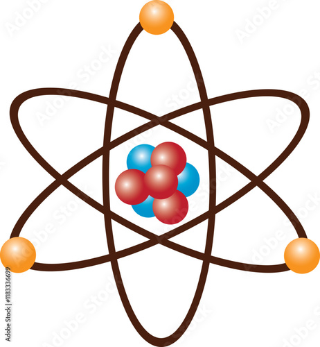 atom structure model. nucleus of protons and neutrons. orbital electrons. vector illustration isolated on white background.