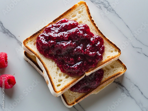 Two slices of toasted bread topped with raspberry jam, served on a grey plate, surrounded by fresh raspberries, perfect for themes related to breakfast, food styling, and healthy eating. photo