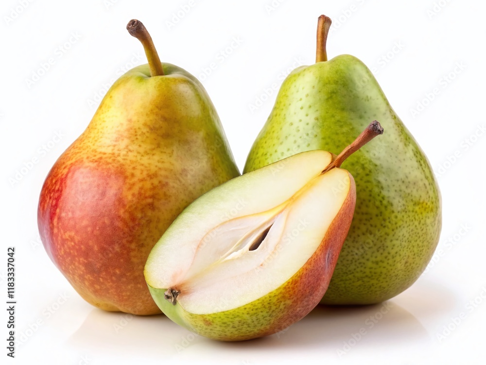 Panoramic Photo: Two Pears, One Sliced, Isolated on White Background Panoramic Photo: Two Pears, One Sliced, Isolated on White Background