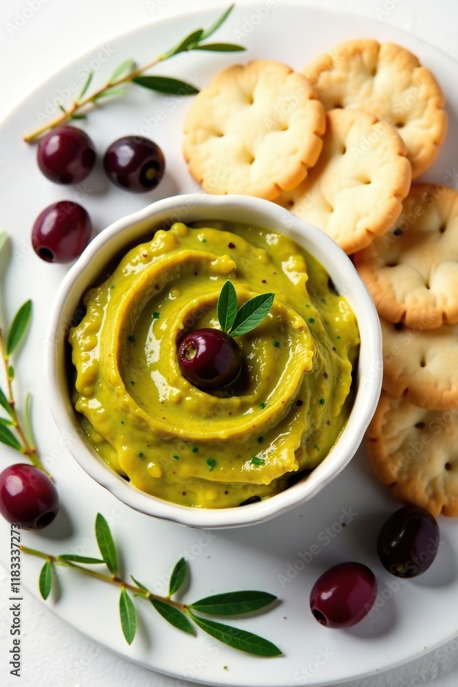 Olive paste on white background with olives and crackers, tapenade, spreadable Olive paste on white background with olives and crackers, tapenade, spreadable