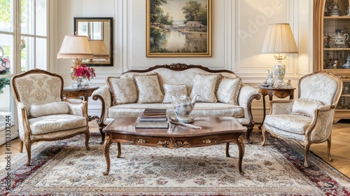 Elegant antique furniture displayed in a traditional living room. photo