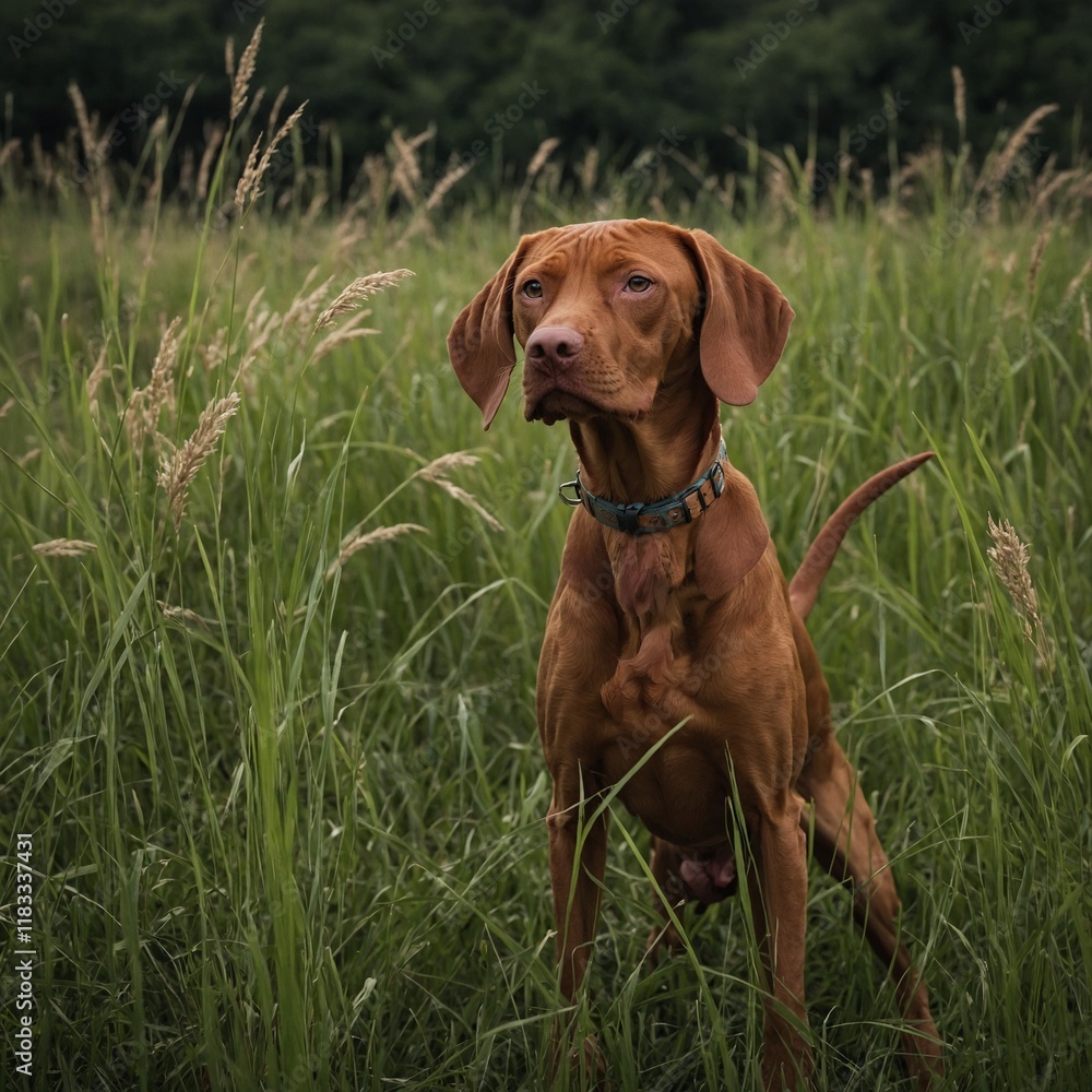 A vizsla pointing in a field of tall grass. A vizsla pointing in a field of tall grass.