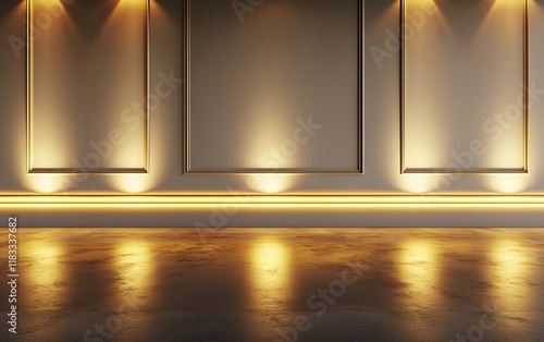 Golden spotlights on minimalist colonial wall, polished concrete flooring, glowing edge details, clean design.