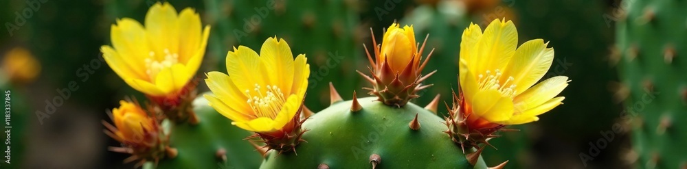 Fototapeta premium Prickly yellow flowers on a thick cactus stem, megacantha, thick, flower
